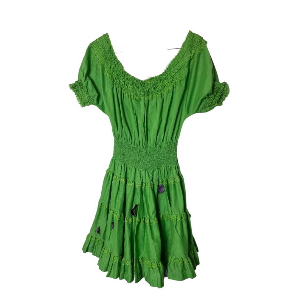 Partners Please Vintage Green Floral Puff Sleeve Lace Pleated Skirt Dress 13 14